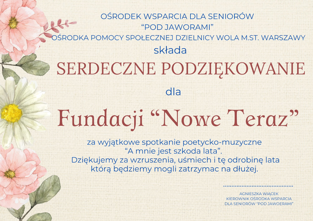 Podziękowanie dla Fundacji Nowe Teraz