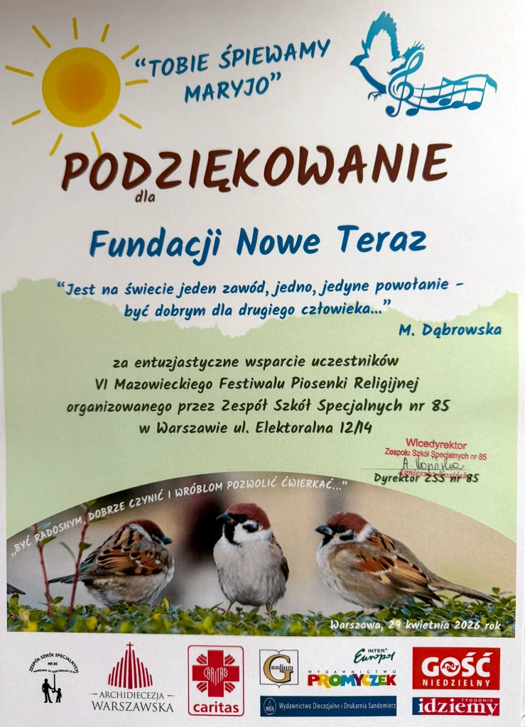 Podziękowanie dla Fundacji Nowe Teraz