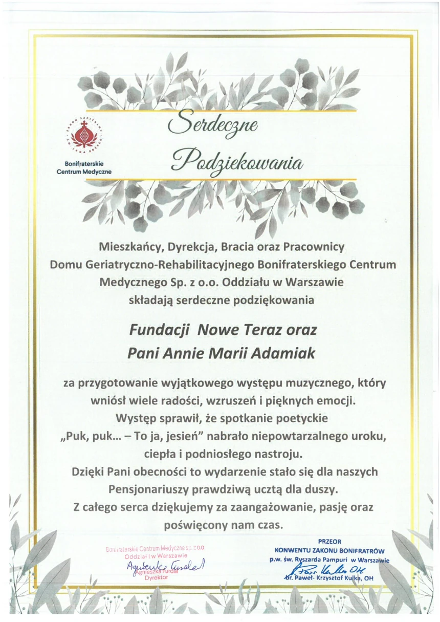 Podziękowanie dla Fundacji Nowe Teraz