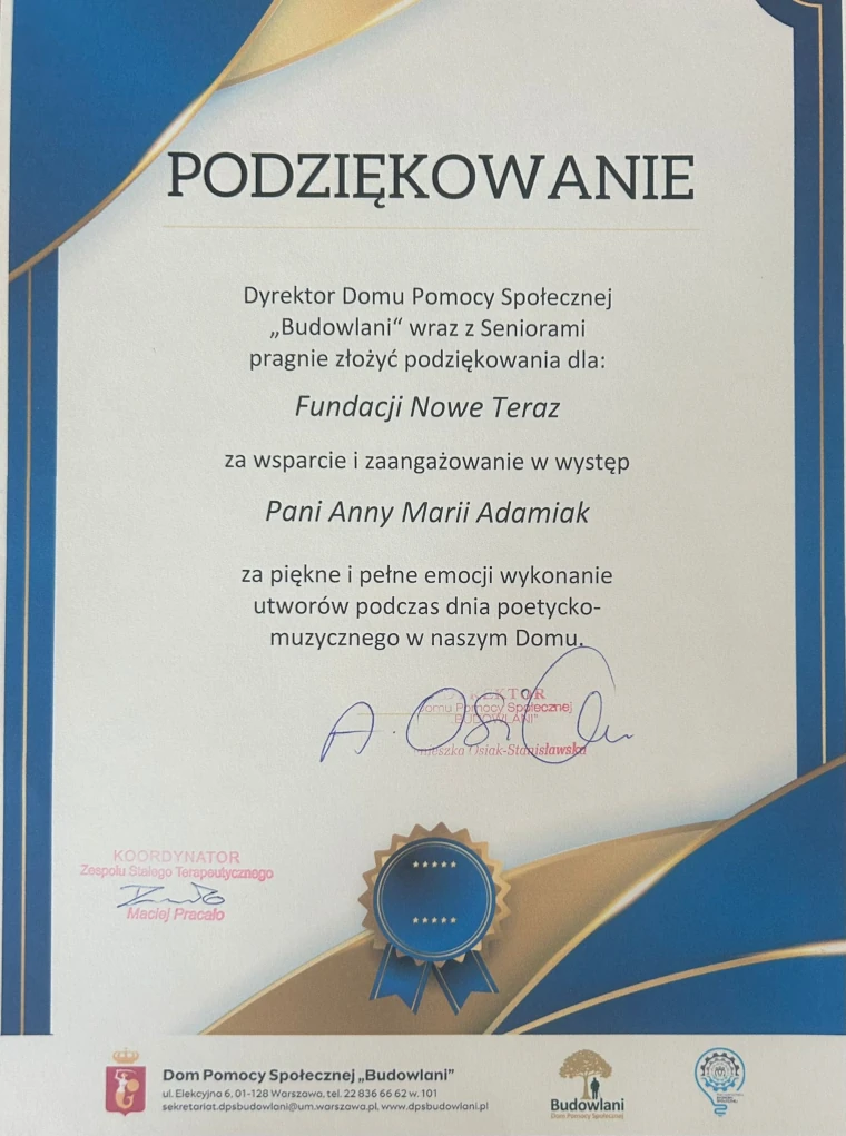 Podziękowanie dla Fundacji Nowe Teraz