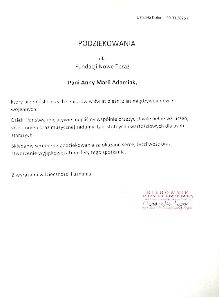 Podziękowanie dla Fundacji Nowe Teraz