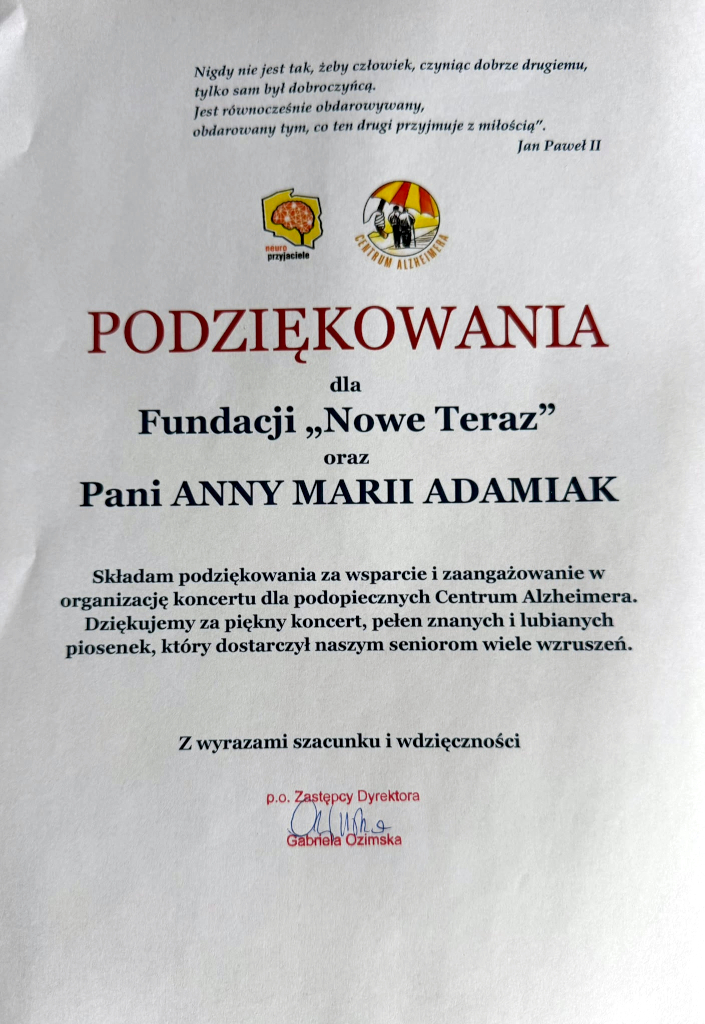 Podziękowanie dla Fundacji Nowe Teraz