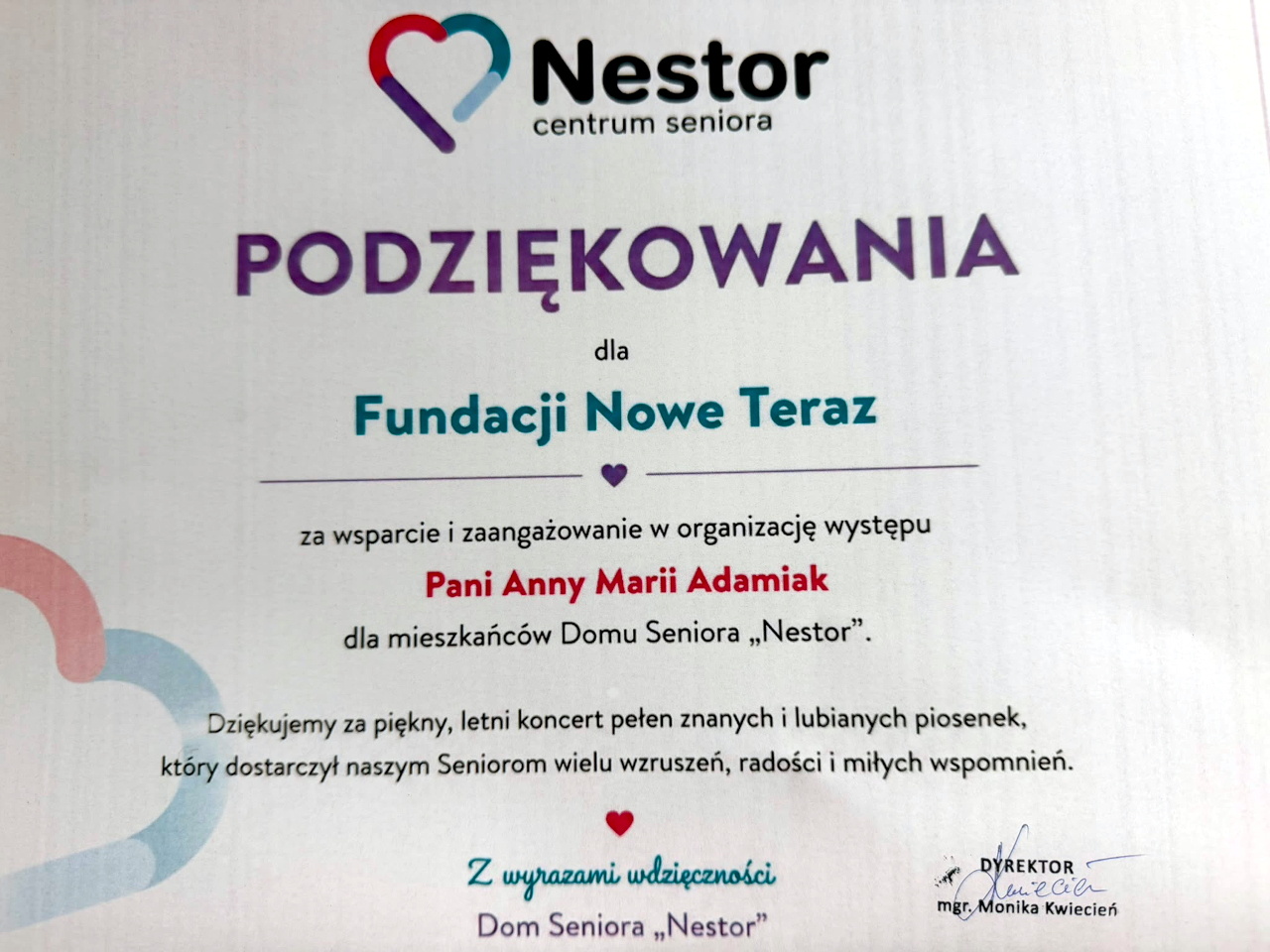 Podziękowanie dla Fundacji Nowe Teraz