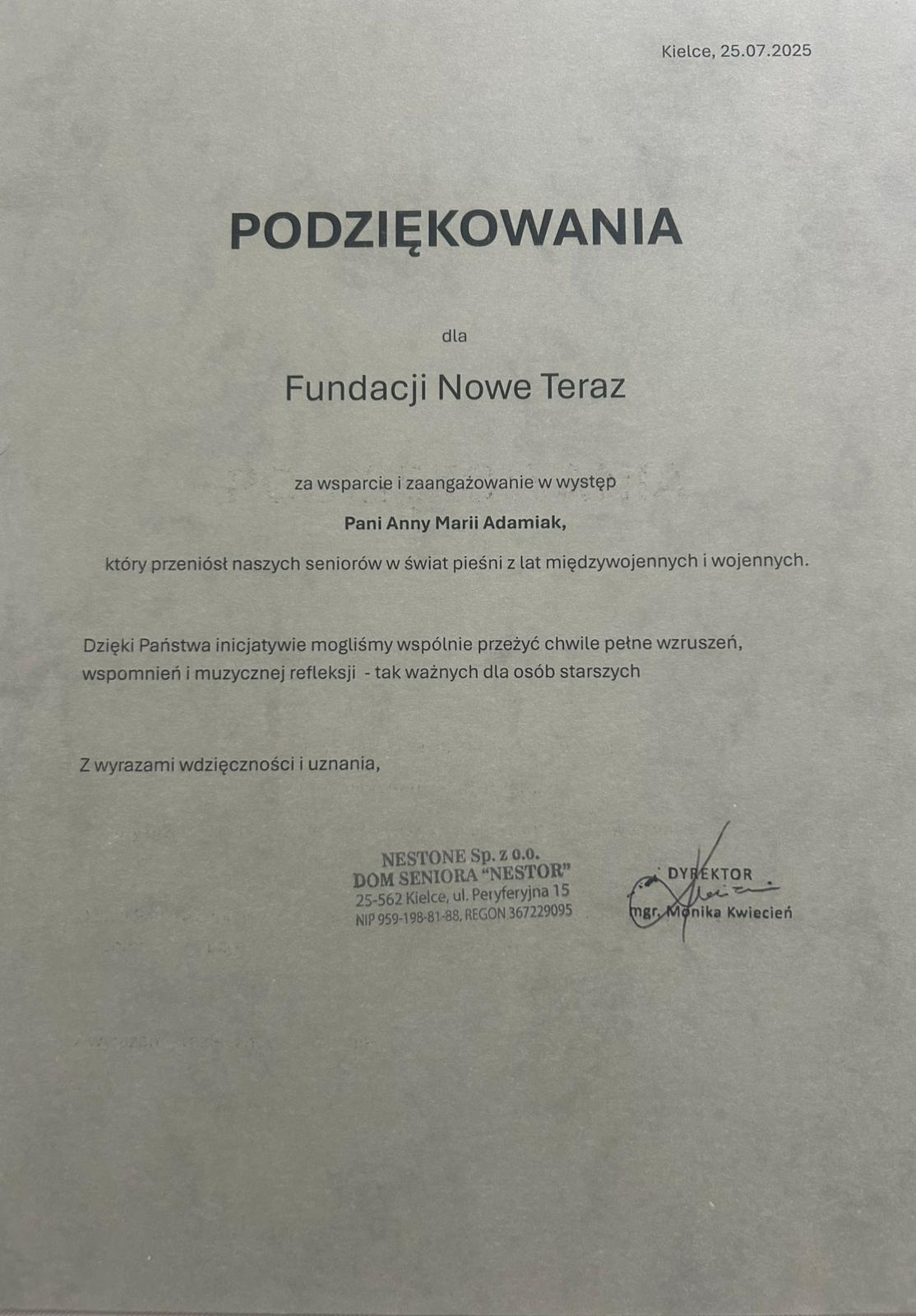 Podziękowanie dla Fundacji Nowe Teraz
