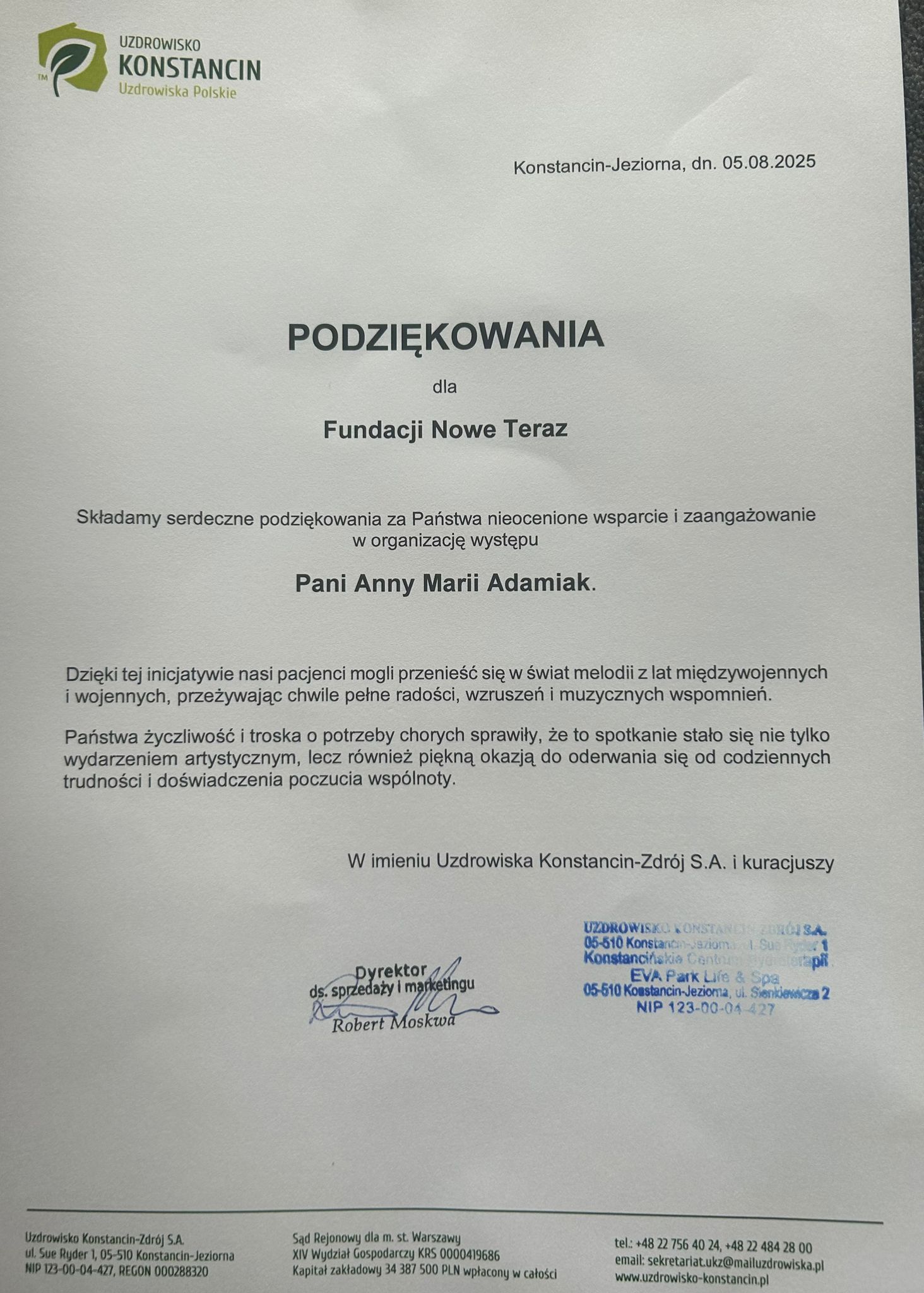 Podziękowanie dla Fundacji Nowe Teraz