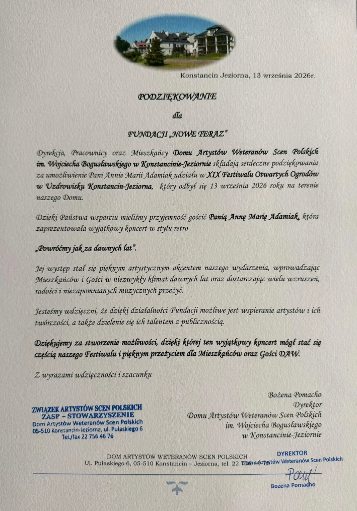 Podziękowanie dla Fundacji Nowe Teraz