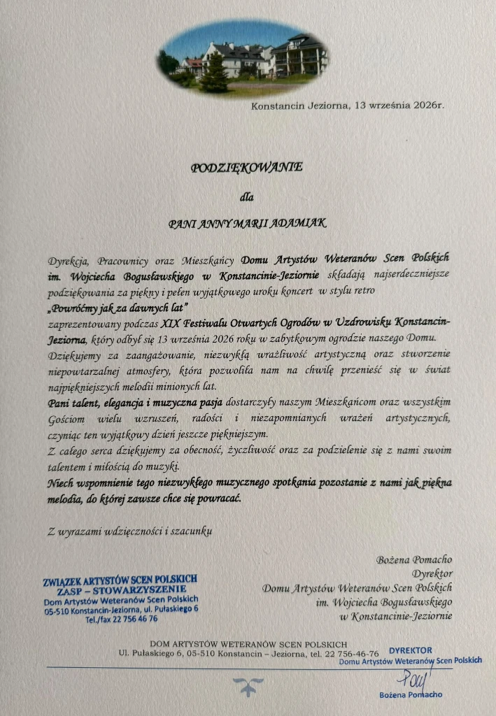 Podziękowanie dla Anny Marii Adamiak